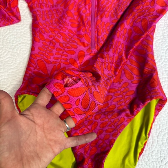 Pink and Orange Long Sleeve One Piece Swimsuit - Picture 13 of 14